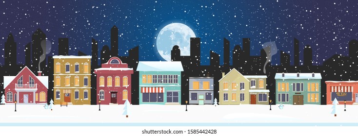 Panorama with a winter cityscape. Snowy night in a cozy city. Winter Christmas Village NIGHT Landscape.