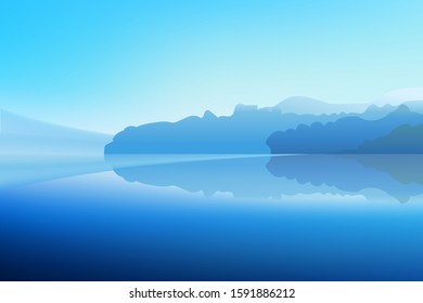 Panorama of Winter Dawn on a mountain lake with a snowy forest and a mirror reflection in the water. Vector realistic illustration