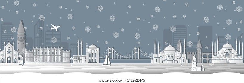 Panorama of winter Istanbul paper art style vector illustration. Istanbul architecture. Cartoon Turkey symbols and objects. Historical sights. Paper city. Paper cut style Istanbul city composition 