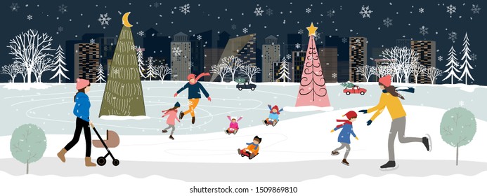 Panorama Winter landscape, Christmas and new year celebrated in the city,Vector of horizontal banner winter wonderland in the town with happy kids sledding and couple with skiing in the park 