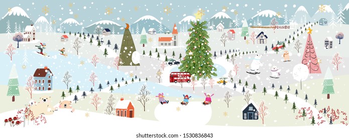 Panorama Winter landscape, Christmas and new year celebrated in the city,Vector of horizontal winter wonderland in the town with happy kids and polar bear sledding and couple with skiing in the park 