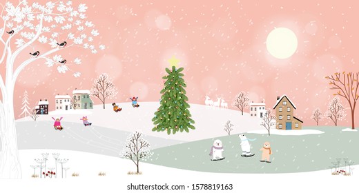 Panorama Winter landscape, Christmas and new year celebrated in village,Vector of horizontal banner winter wonderland in countryside with happy kids and polar bear play sledding in the park.