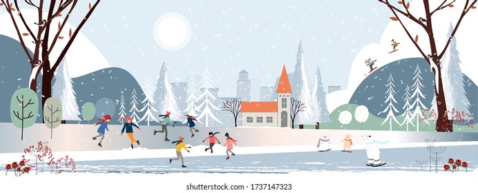 Panorama Winter landscape, Christmas and new year 2021 celebrated in the city,Vector of horizontal banner winter wonderland in the town polar bear,kids playing on snow and teenager skiing in the park 