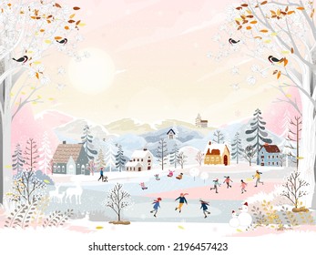 Panorama Winter landscape, Christmas and new year celebrating in city,Vector of horizontal banner winter wonderland in the town with happy kids sledding and playing ice skates in the park