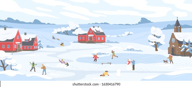Panorama of winter landscape with leisure people vector illustration. Happy cartoon characters enjoy outdoor activity. Man, woman and children sledding, ice skating, skiing, playing snowballs at park