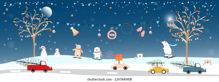 Panorama Winter landscape at night, Happy wonderland village celebrating on Christmas and New year, Vector Christmas and Happy new year landscape for greeting card, banner or template