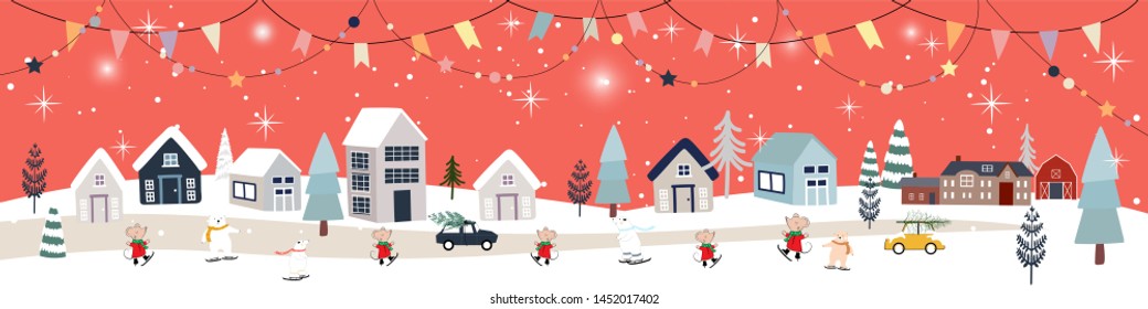 panorama Winter landscape at night, Landscape winter polar bears with rats celebrating on Christmas and New year, Vector Christmas and Happy new year landscape for greeting card, banner 