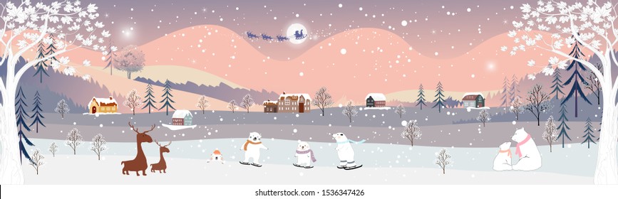 Panorama of winter landscape at night,Vector of winter wonderland at countryside with snowing, rein deer and teddy bear family playing ice skates celebrating on Christmas night