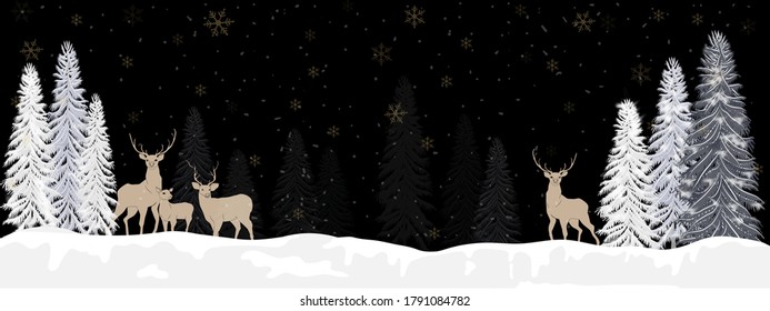 Panorama winter landscape with snow falling, reindeers family walking in forest pine tree, Christmas scene for Holiday and Happy new year background in dark night winter wonderland with copy space