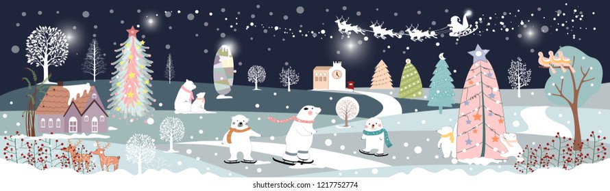 Panorama of winter landscape with snow,Vector of horizontal banner of winter wonderland with cute polar bear family looking up at Santa Claus and Reindeers in sky,Merry Christmas and Happy New year