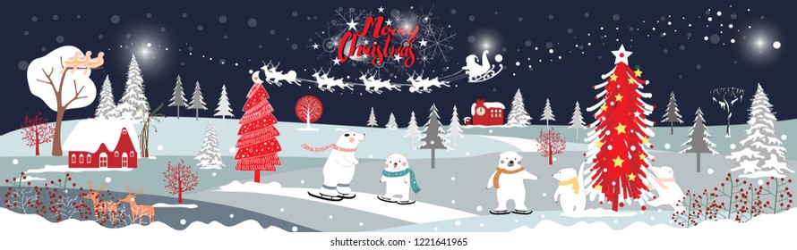 Panorama of winter landscape with snow,Vector of horizontal banner of winter wonderland with cute polar bear family looking up at Santa Claus and Reindeers in sky,Merry Christmas and Happy New year