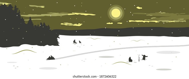 Panorama of the winter landscape with a view of the frozen snow-covered lake. Fishermen catch fish on the lake. You can see the silhouette of a man riding a snowmobile, leaving footprints. Vector 