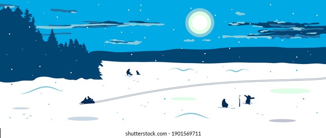 Panorama of the winter landscape with a view of the frozen snow-covered lake. Fishermen catch fish on the lake. You can see the silhouette of a man riding a snowmobile. Winter fishing. Vector illustra