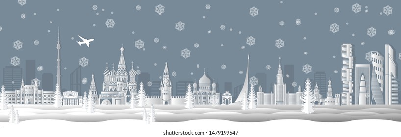 Panorama of winter Moscow vector illustration. Moscow architecture. Cartoon Russia symbols and objects. Panorama postcard and travel poster of world famous landmarks of Moscow in paper cut style.