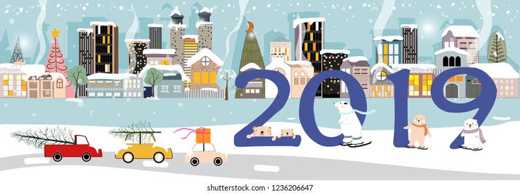 Panorama Winter night cityscape with 2019 text,Happy city celebrating on Christmas and New year in the town, Vector Christmas and Happy new year 2019 landscape for greeting card, banner or template