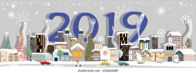 Panorama Winter night cityscape with 2019 text,Happy city celebrating on Christmas and New year in the town, Vector Christmas and Happy new year 2019 landscape for greeting card, banner or template