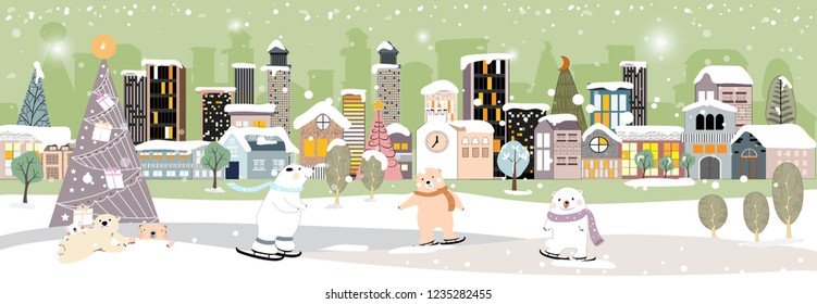 Panorama Winter night cityscape Vector Illustration with snow covered townhouses,modern bulding and church in the town, Christmas and Happy new year concept for greeting card,banner or template