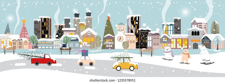 Panorama Winter night cityscape Vector Illustration with snow covered the town,Happy city celabrating on Christmas and New year in the town, Christmas and Happy new year concept for banner or template