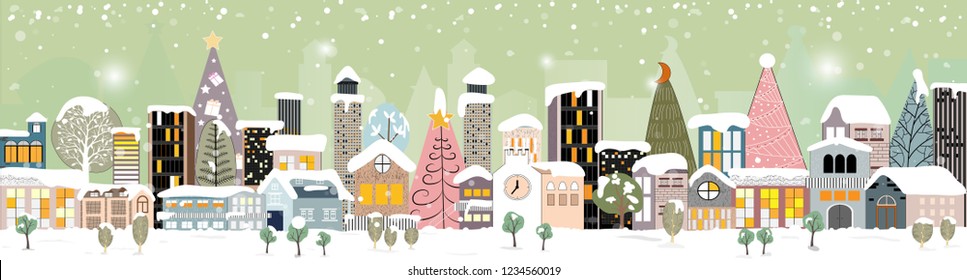 Panorama Winter night landscape, Christmas and new year,Modern city scape buildings,Vector flat illustration of winter night city landscape,Concept for greeting card, invitation, banner, template