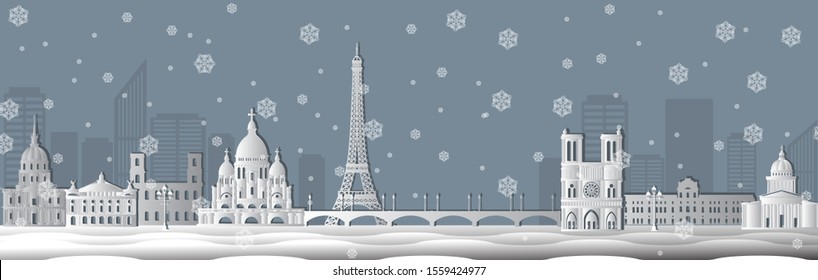 Panorama of winter Paris paper cut vector illustration. Cartoon Paris architecture symbols and objects. Paris city skyline vector background. Flat trendy illustration