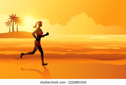 Panorama of woman jogging at the beach, vector illustration