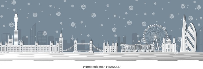 Panorama of world famous landmarks of London, England in paper cut style vector illustration. Winter London city buildings silhouette. English urban landscape. London cityscape with landmarks.