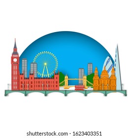 Panorama of world famous landmarks of London, England in paper cut style vector illustration. Winter London city buildings silhouette. English urban landscape. London cityscape with landmarks.