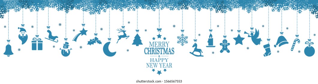 panorama xmas concept with different hanging abstract icons for christmas and wintertime colored blue, snow flakes on top side and greetings for christmas and New Year