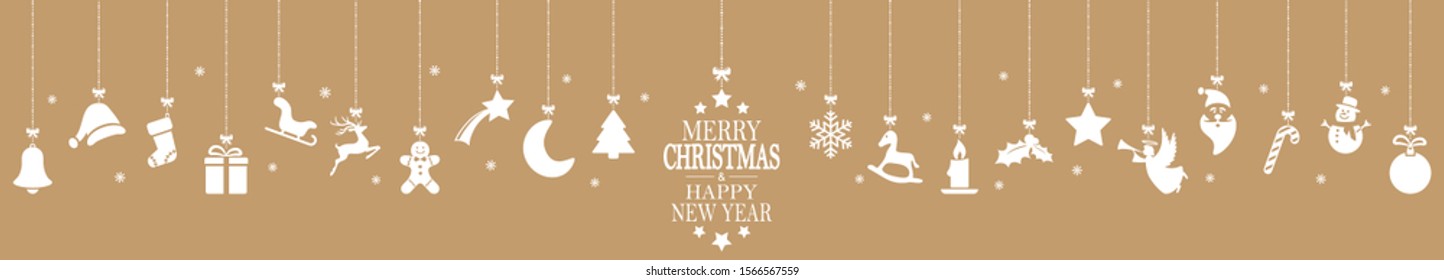 panorama xmas concept with different hanging abstract icons for christmas and wintertime, snow flakes and greetings for christmas and New Year with background colored gold