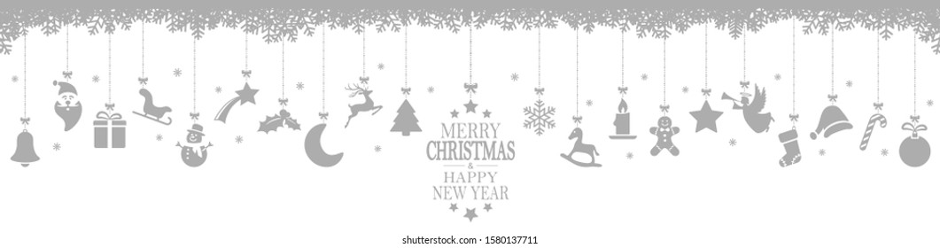 panorama xmas concept with different hanging abstract icons for christmas and wintertime colored gray, snow flakes on top side and greetings for christmas and New Year