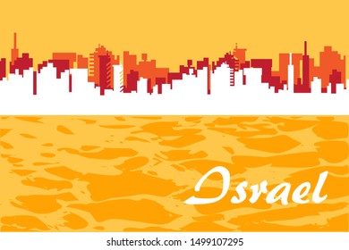 Panorama, yellow abstract summer background with silhouette of white city desert sand,  yellow sky vector illustration