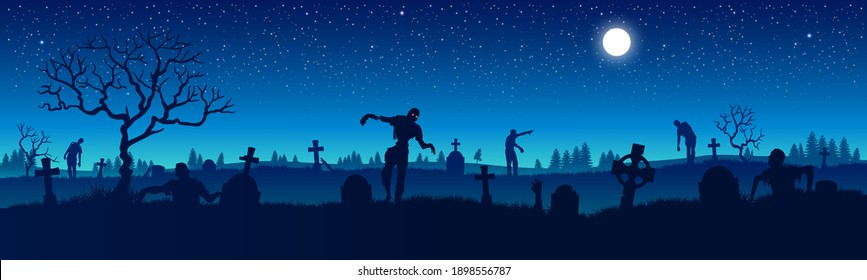 Panorama of the zombie apocalypse on the background of the cemetery. Silhouettes of scary zombies walking through the cemetery. Starry sky. Vector illustration for Halloween.