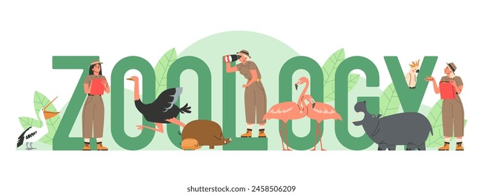 A panorama of zoologists and various animals, with the word ZOOLOGY integrated into the scene. Vector illustration ideal for educational banners.