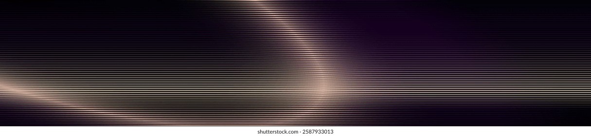 Panoramic abstract background in the form of a horizontal decorative panel with luminous lines in the form of unusual luminous reflections on a beige-brown corrugated surface, for decorating rooms 