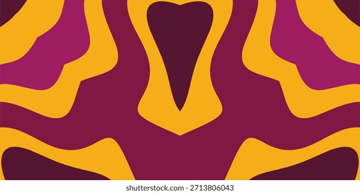 A panoramic abstract background with symmetrical, mirror image waves in yellow, maroon, and magenta radiating from the center.