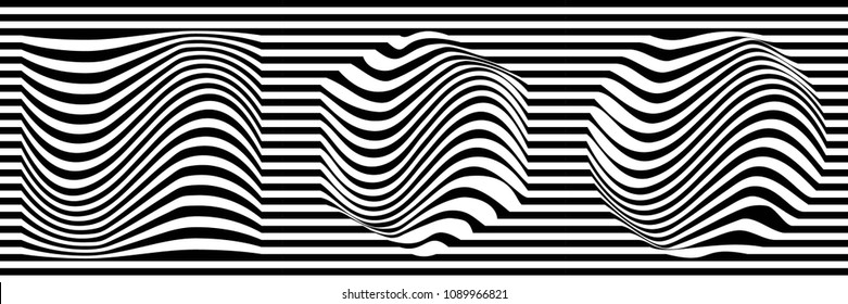 Panoramic Abstract Black and White Geometric Pattern with Stripes and Waves. Optical Psychedelic Illusion. Wicker Structural Texture. Vector Illustration