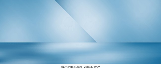 Panoramic abstract blue background for product presentation with sunlight and blurred shadows wall. Winter background.
