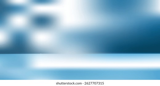 Panoramic abstract blue background for product presentation with sunlight and blurred shadows wall. Winter background.
