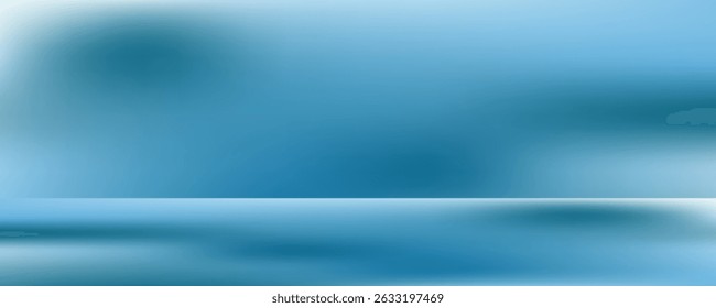 Panoramic abstract blue background for product presentation with sunlight and blurred shadows wall. Winter background.