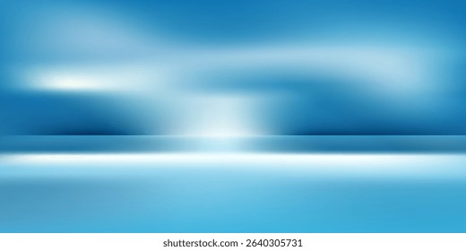Panoramic abstract blue background for product presentation with sunlight and blurred shadows wall. Winter background.
