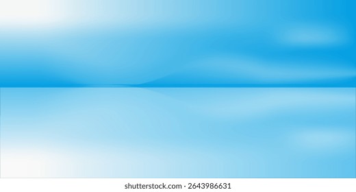 Panoramic abstract blue background for product presentation with sunlight and blurred shadows wall. Winter background.