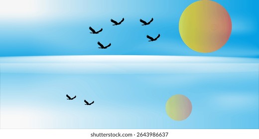 Panoramic abstract blue background for product presentation with sunlight and blurred shadows wall. Winter background.