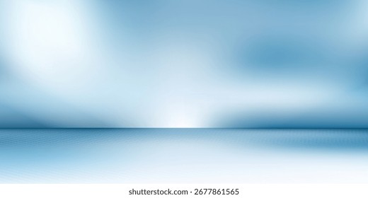 Panoramic abstract blue background for product presentation with sunlight and blurred shadows wall. Winter background.
