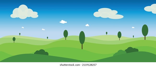 Panoramic abstract illustration of the country side during summer. Many green farm fields with trees on the hill tops. 