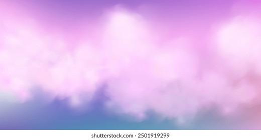 Panoramic abstract pink blue sky background. Skyscape with fluffy clouds. Gradient fantasy paradise background.