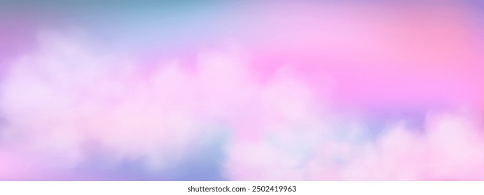 Panoramic abstract pink blue sky background. Skyscape with fluffy clouds. Gradient fantasy paradise background.