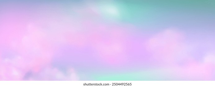 Panoramic abstract pink blue sky background. Skyscape with fluffy clouds. Gradient fantasy paradise background.