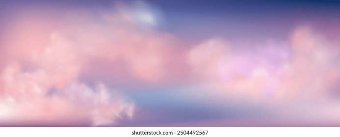 Panoramic abstract pink blue sky background. Skyscape with fluffy clouds. Gradient fantasy paradise background.