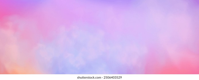 Panoramic abstract pink blue sky background. Skyscape with fluffy clouds. Gradient fantasy paradise background.
