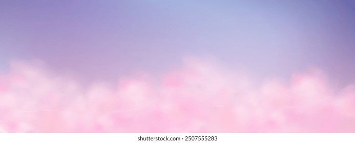 Panoramic abstract pink blue sky background. Skyscape with fluffy clouds. Gradient fantasy paradise background.